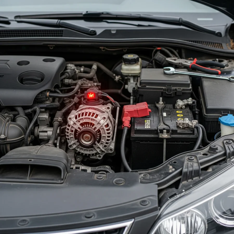 Car engine compartment showing a disconnected battery cable near the alternator with warning graphic
