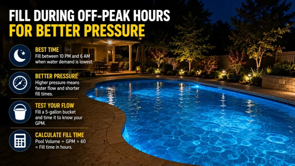 Residential swimming pool being filled at night during off-peak water usage hours for better water pressure