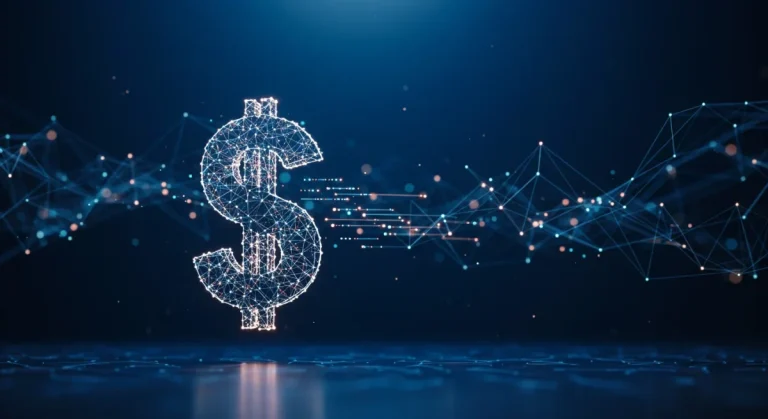 A dollar sign made of a glowing digital network, representing Venmo's fintech business model and how the company makes money.