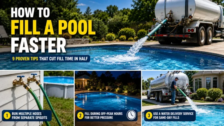 Water delivery truck filling a residential swimming pool quickly to reduce pool fill time