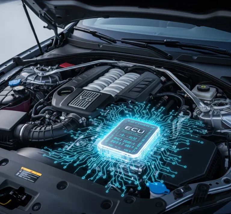 A modern car engine with the Engine Control Unit (ECU) highlighted by a glowing blue digital circuit pattern, representing the car's computer system.
