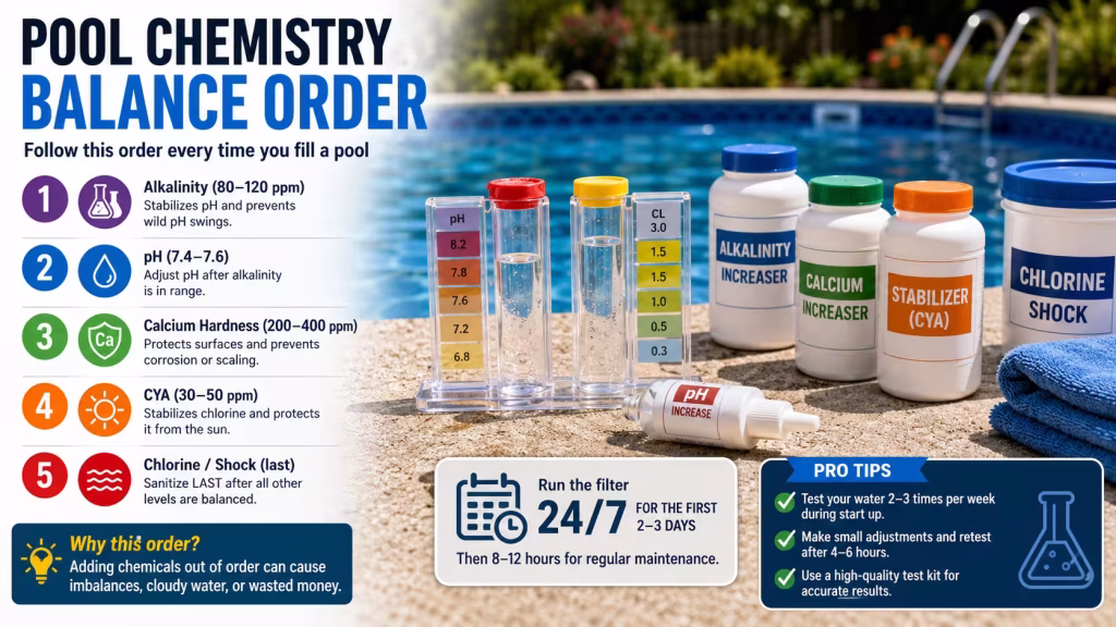 What is the correct order to add pool chemicals after filling