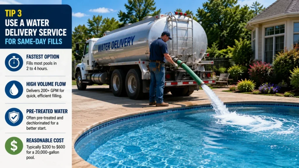 Water delivery tanker truck filling a backyard swimming pool using a high-volume hose
