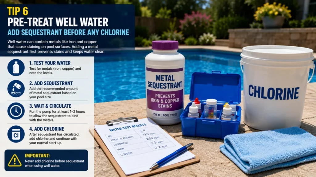 Metal sequestrant and pool chemicals used to treat well water before filling a swimming pool