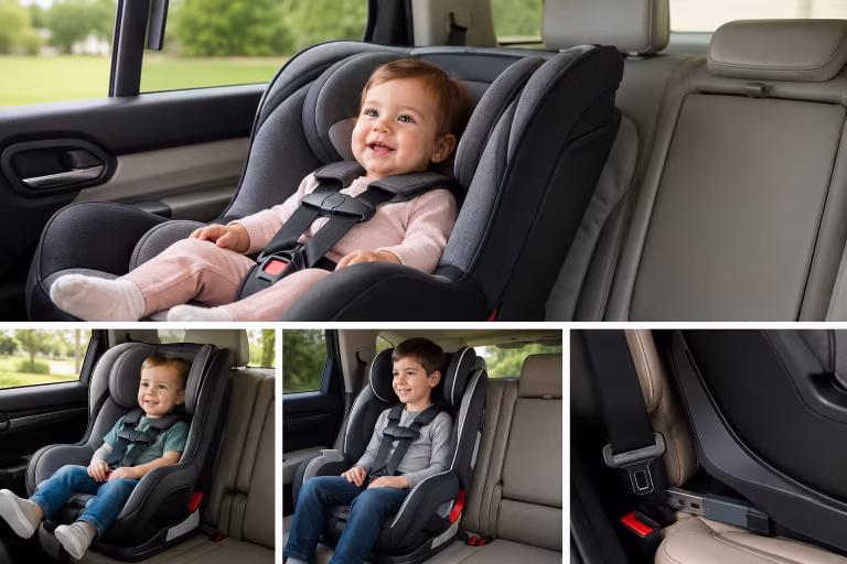 Convertible car seat installed in a family vehicle showing rear-facing and forward-facing child safety seat options.