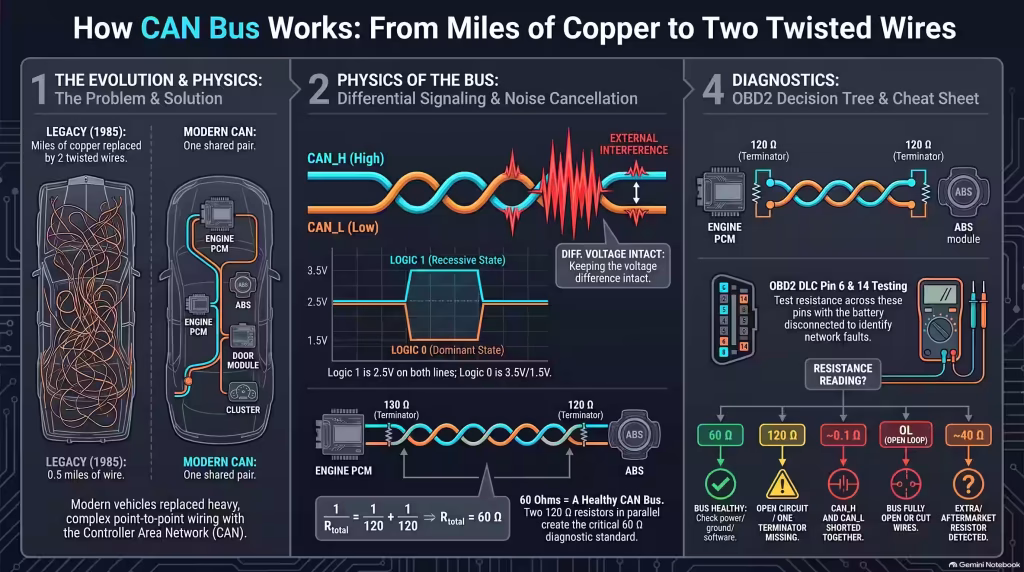 Infographic explaining CAN bus system wiring comparison differential signaling and 60 ohm multimeter diagnostic test