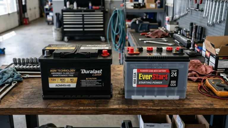 Side-by-side comparison of a sealed AGM car battery and a standard flooded lead-acid battery on an automotive workbench