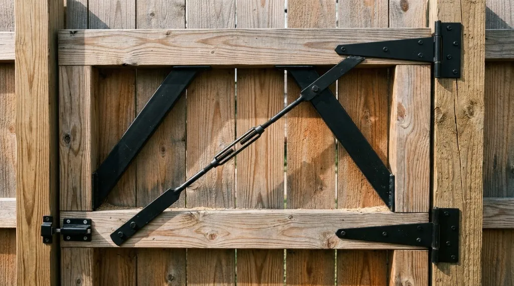 Heavy-duty wooden gate interior showing an adjustable black steel anti-sag truss kit and powder-coated hinges
