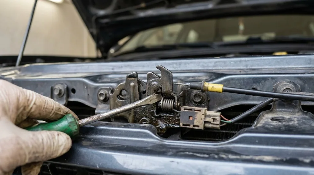 Flathead screwdriver manually tripping automotive hood latch catch into closed position for battery parasitic draw test