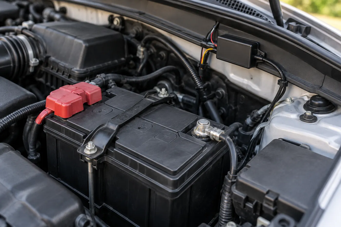 Battery and parked accessory wiring under a car hood
