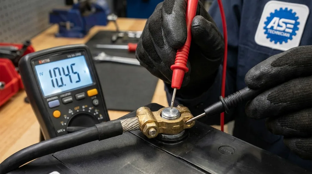 Close-up of digital multimeter needle probes testing 10.45 volts cranking voltage and terminal clamp voltage drop on a car battery
