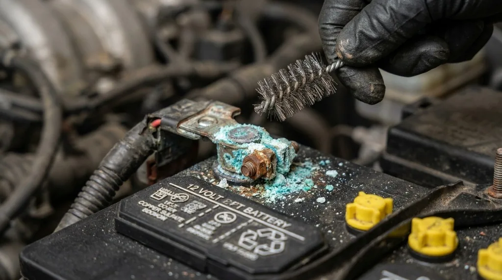 Macro view of blue-green corrosion bloom on a car battery terminal post before wire brush cleaning