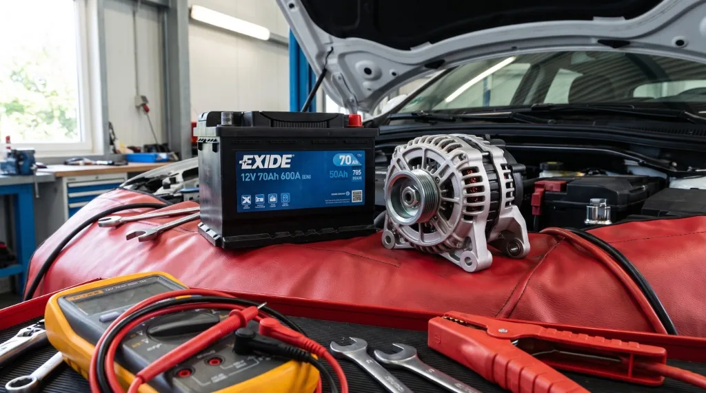Car 12V lead-acid battery and modern alternator side by side on workshop fender mat with jumper cables