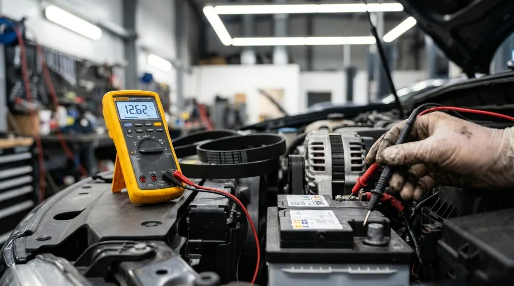 Digital multimeter measuring 12.62 volts across car battery terminals with alternator in engine bay background