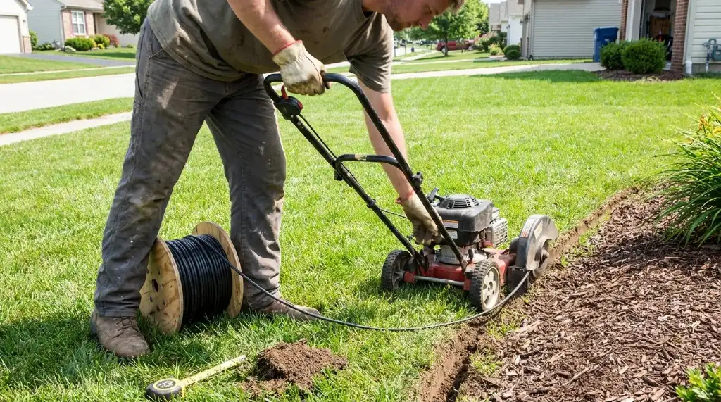 Homeowner using a motorized lawn edger to cut a clean 2-inch trench for underground dog fence wire