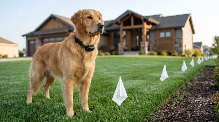 Golden Retriever wearing an invisible fence receiver collar standing near white boundary flags on a suburban lawn