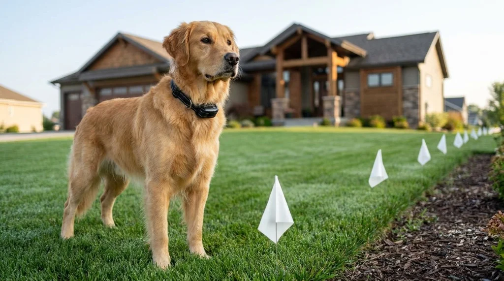 Golden Retriever wearing an invisible fence receiver collar standing near white boundary flags on a suburban lawn