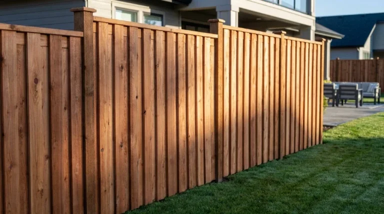 Newly installed six-foot Western red cedar privacy fence along a suburban backyard property line