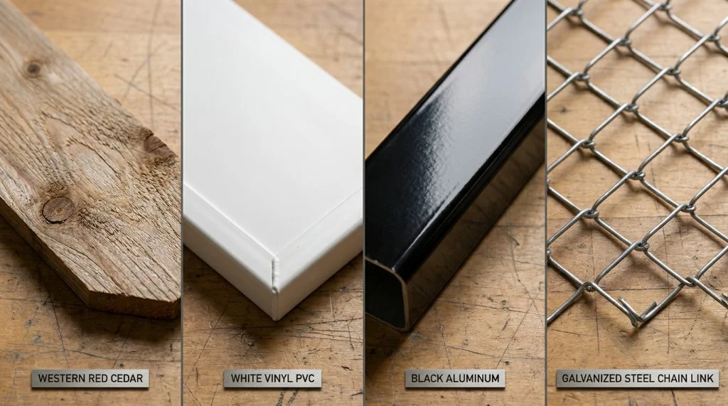 Side by side material comparison showing cedar wood, white vinyl, black aluminum, and chain link fence textures