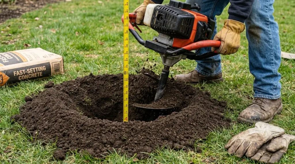 Contractor using a motorized post hole auger to dig a 36-inch deep cylindrical post hole for concrete setting