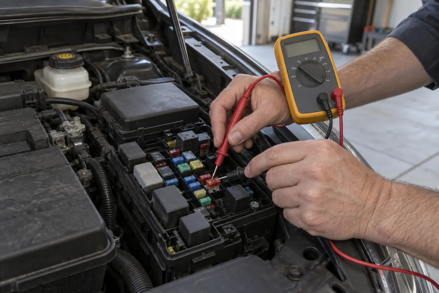 Digital multimeter probes testing voltage drop across one installed blade fuse