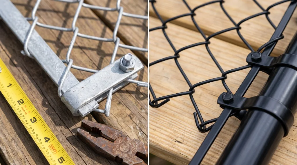Galvanized mesh compared with black vinyl chain link wire.