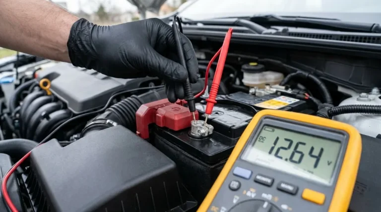Digital multimeter measuring resting DC voltage of 12.64 volts on a 12V car battery terminal under vehicle hood