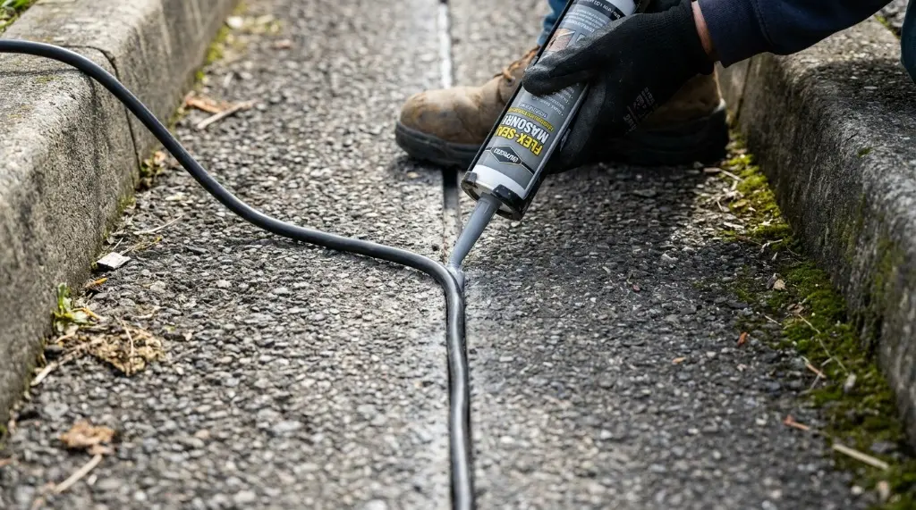 Close-up of a narrow diamond saw cut in an asphalt driveway with buried fence wire sealed by grey masonry sealant