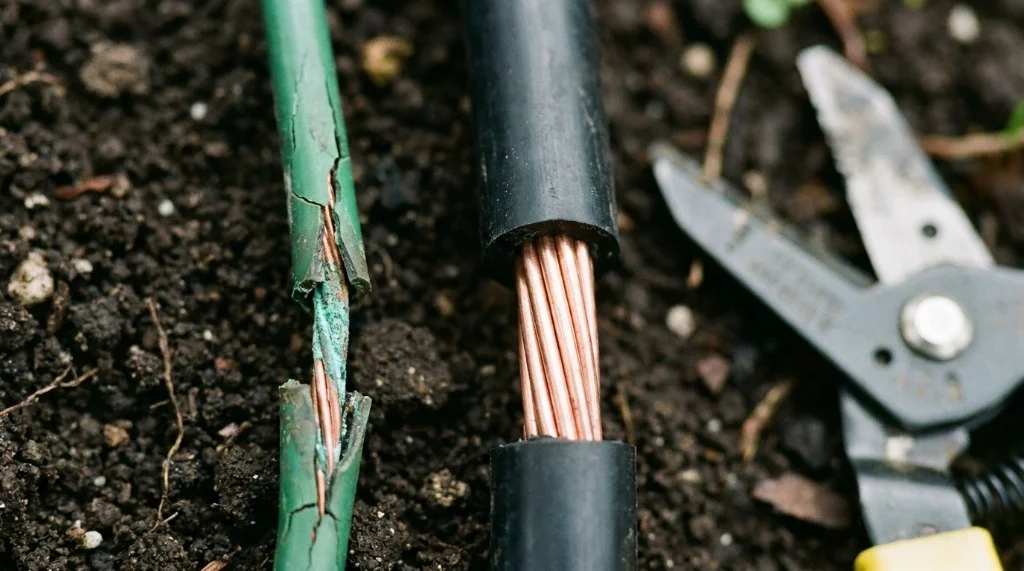 Side by side macro comparison between fragile 20-gauge green fence wire and thick 14-gauge black solid core direct burial wire