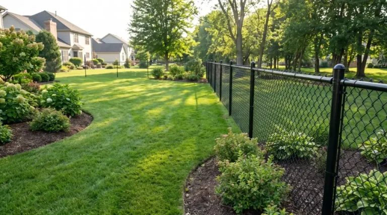 Modern 5-foot black vinyl-coated chain link fence enclosing a lush green suburban backyard with neat top rail and corner terminal posts