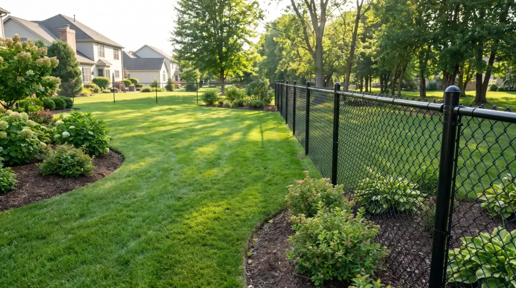 Modern 5-foot black vinyl-coated chain link fence enclosing a lush green suburban backyard with neat top rail and corner terminal posts