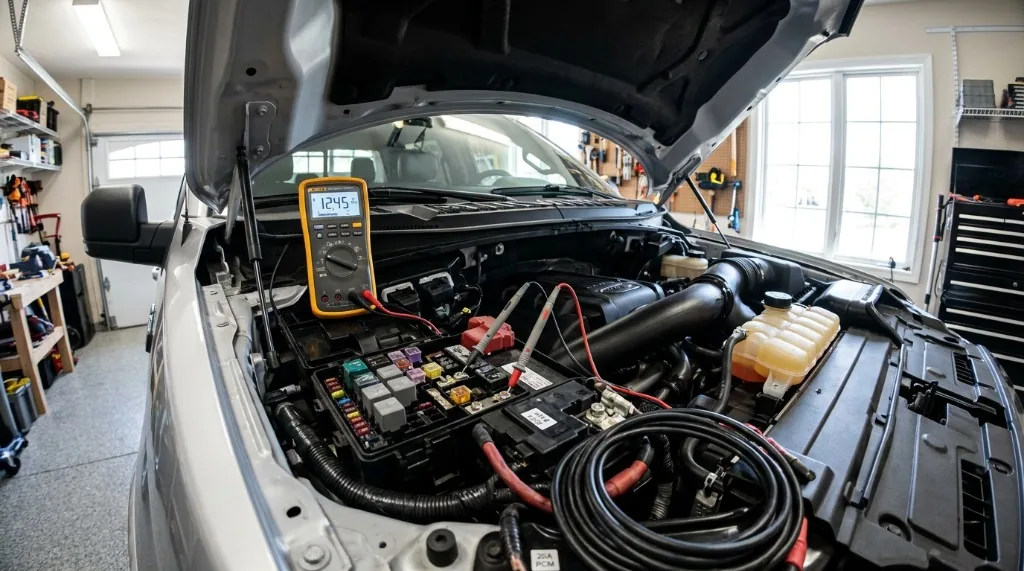 Digital multimeter measuring parasitic battery drain across vehicle fuse box test points in garage