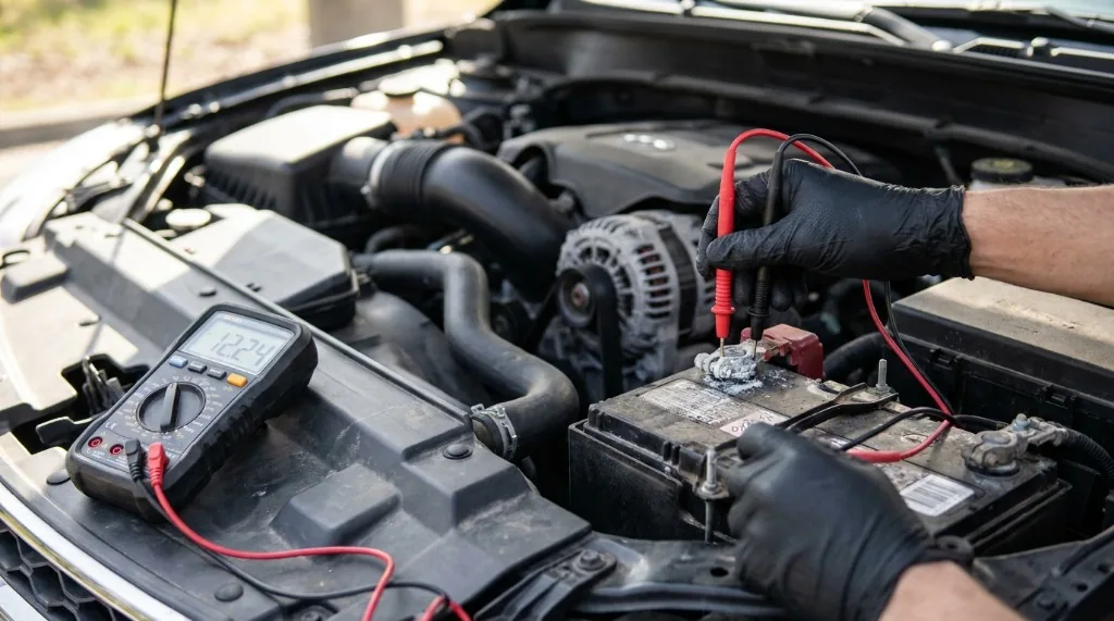 Digital multimeter measuring 12.24 volts across automotive battery terminals under the vehicle hood