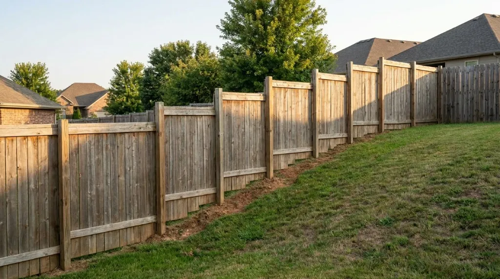 Stair-stepped wooden privacy fence sections installed along a sloped backyard hill