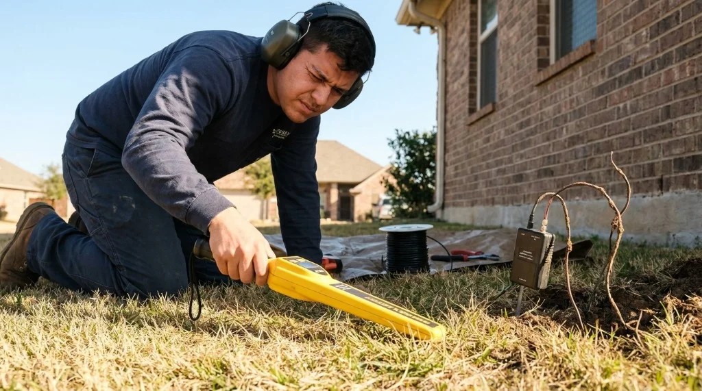 Homeowner using a handheld RF underground wire break locator and headphones to detect a broken dog fence boundary loop