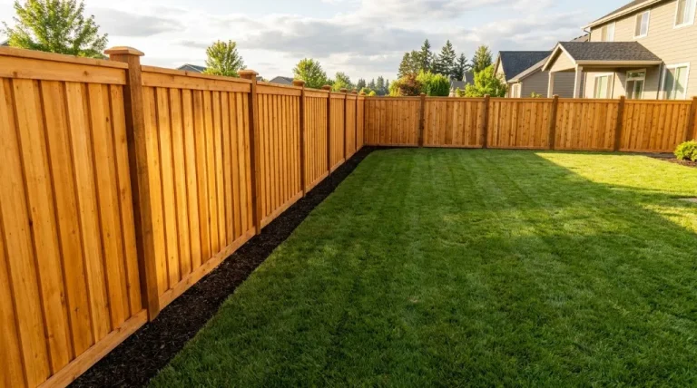 Newly installed 6-foot Western red cedar board-on-board wood privacy fence with heavy-duty post caps in a suburban residential backyard