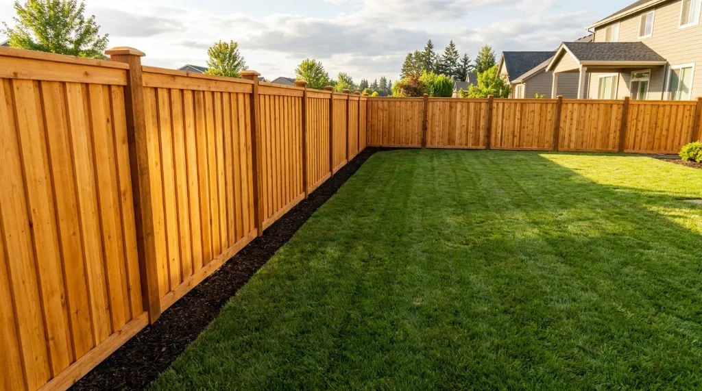 Newly installed 6-foot Western red cedar board-on-board wood privacy fence with heavy-duty post caps in a suburban residential backyard