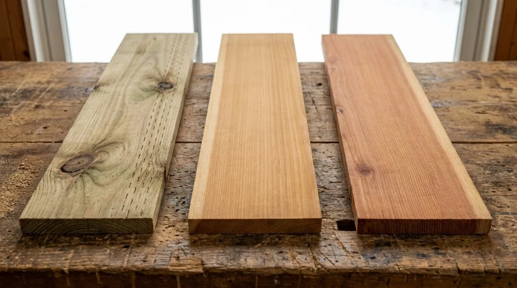 Side-by-side comparison of fence lumber boards showing pressure-treated pine, Western red cedar, and California redwood grain