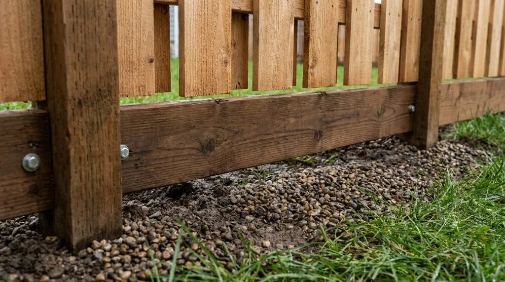 Ground-level view of a 2x6 pressure-treated kick board installed at the bottom of a wood fence keeping pickets 2 inches above soil