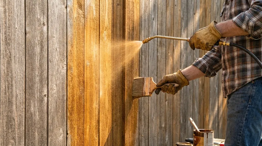 Applying semi-transparent oil stain to a wood fence using a pump garden sprayer and back-brushing with a wide bristle brush