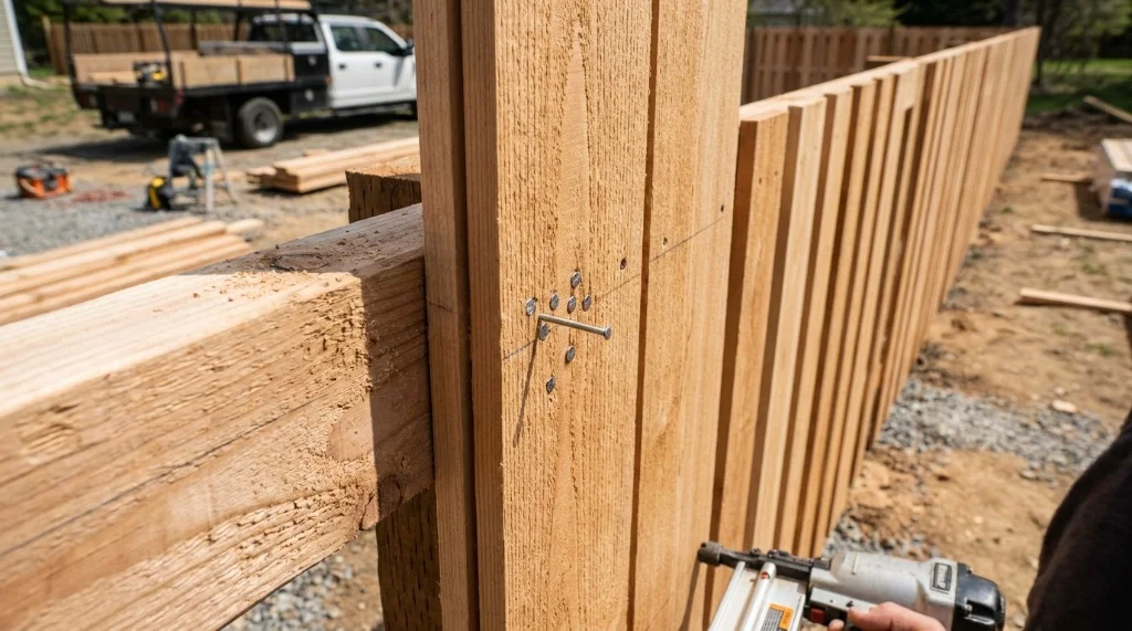 Detailed view of board-on-board fence picket overlap fastened with ring-shank nails into horizontal backer rails