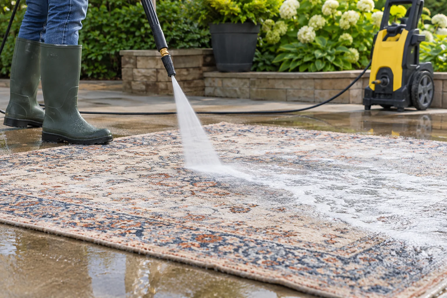 Water rinsing an area rug on a safe outdoor cleaning surface
