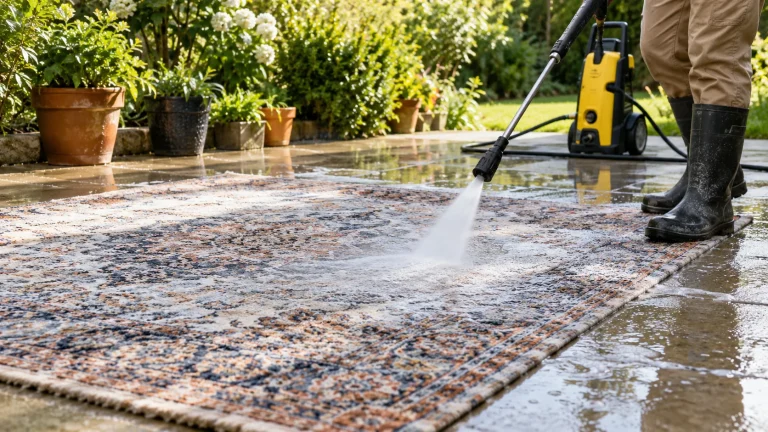 Area rug and pressure washer arranged for safe outdoor cleaning