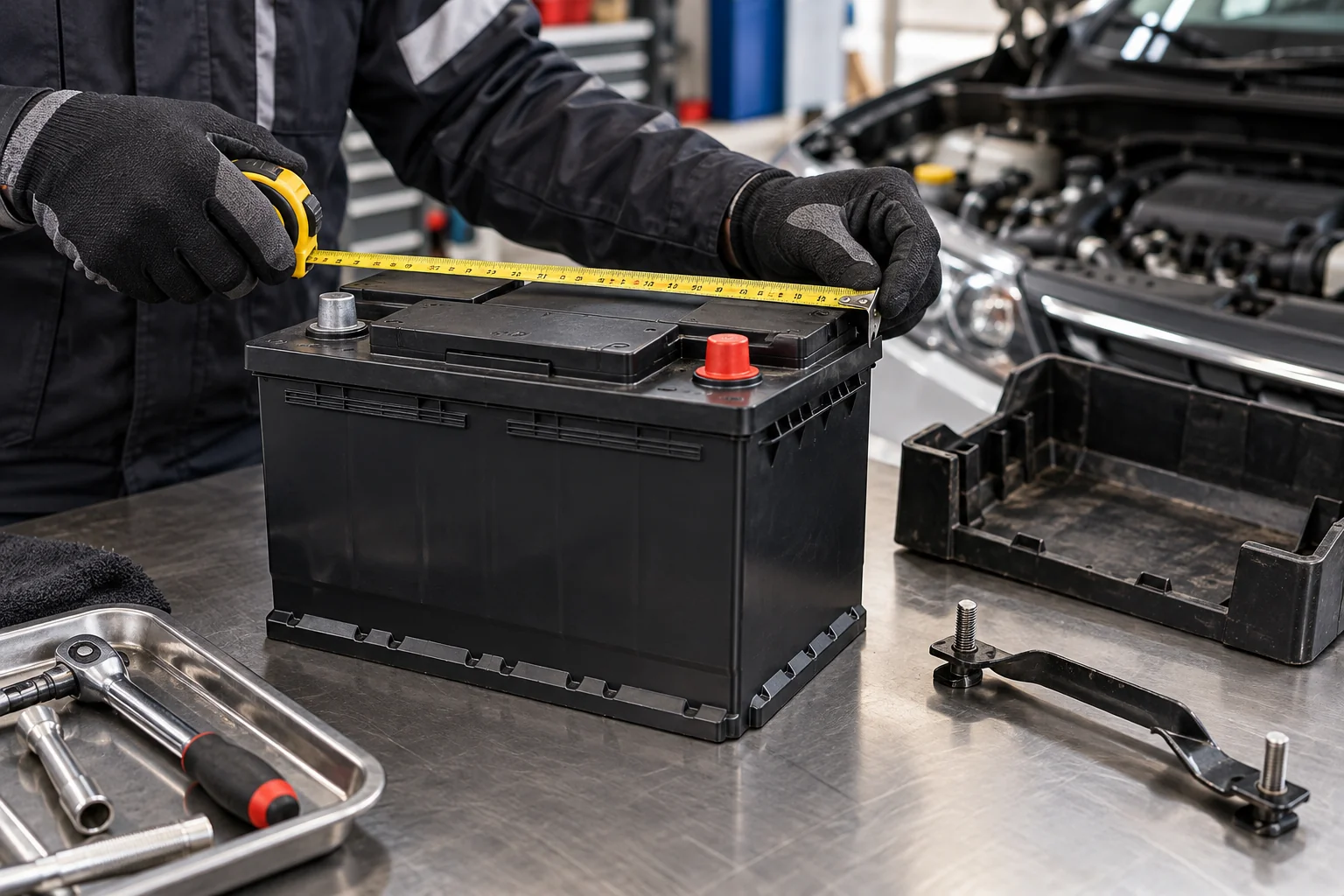 Technician measuring a car battery case and terminal layout for fitment