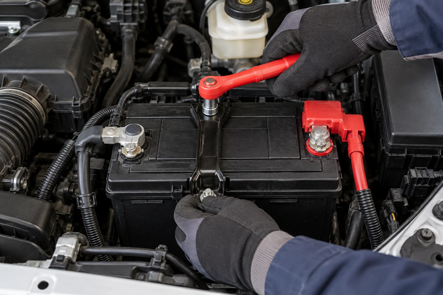 Gloved hands safely working on an installed car battery terminal