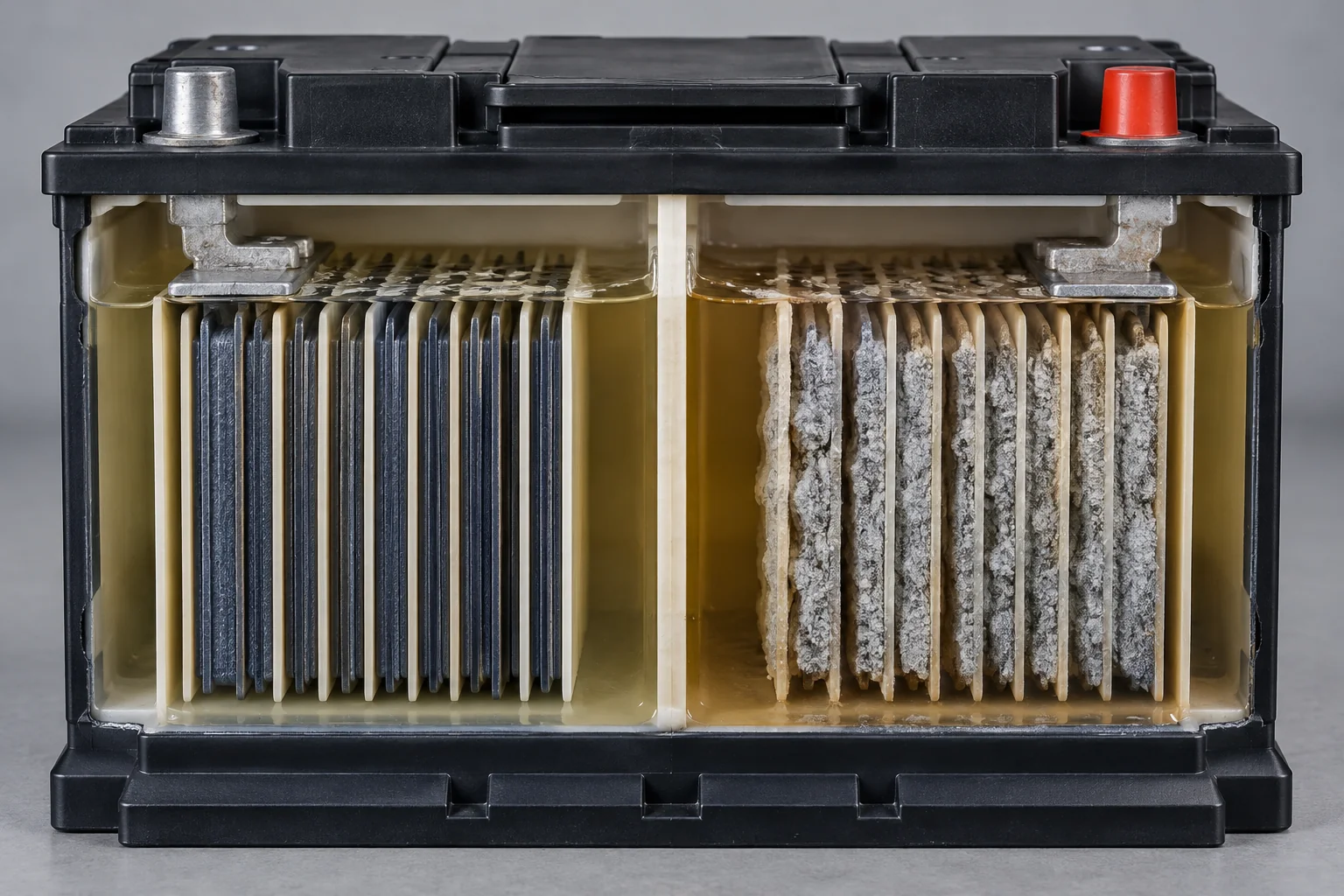 Lead-acid car battery maintenance and internal plate condition illustration