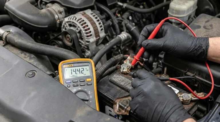 Mechanic using multimeter probes on battery terminals showing 14.42 volts charging output from alternator with engine running
