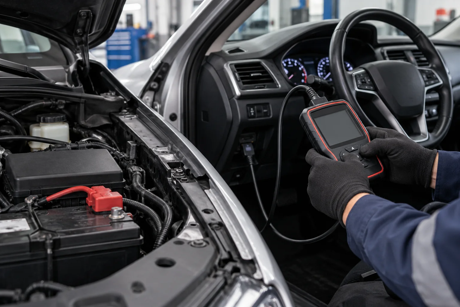 Diagnostic scan tool connected near a car battery and dashboard