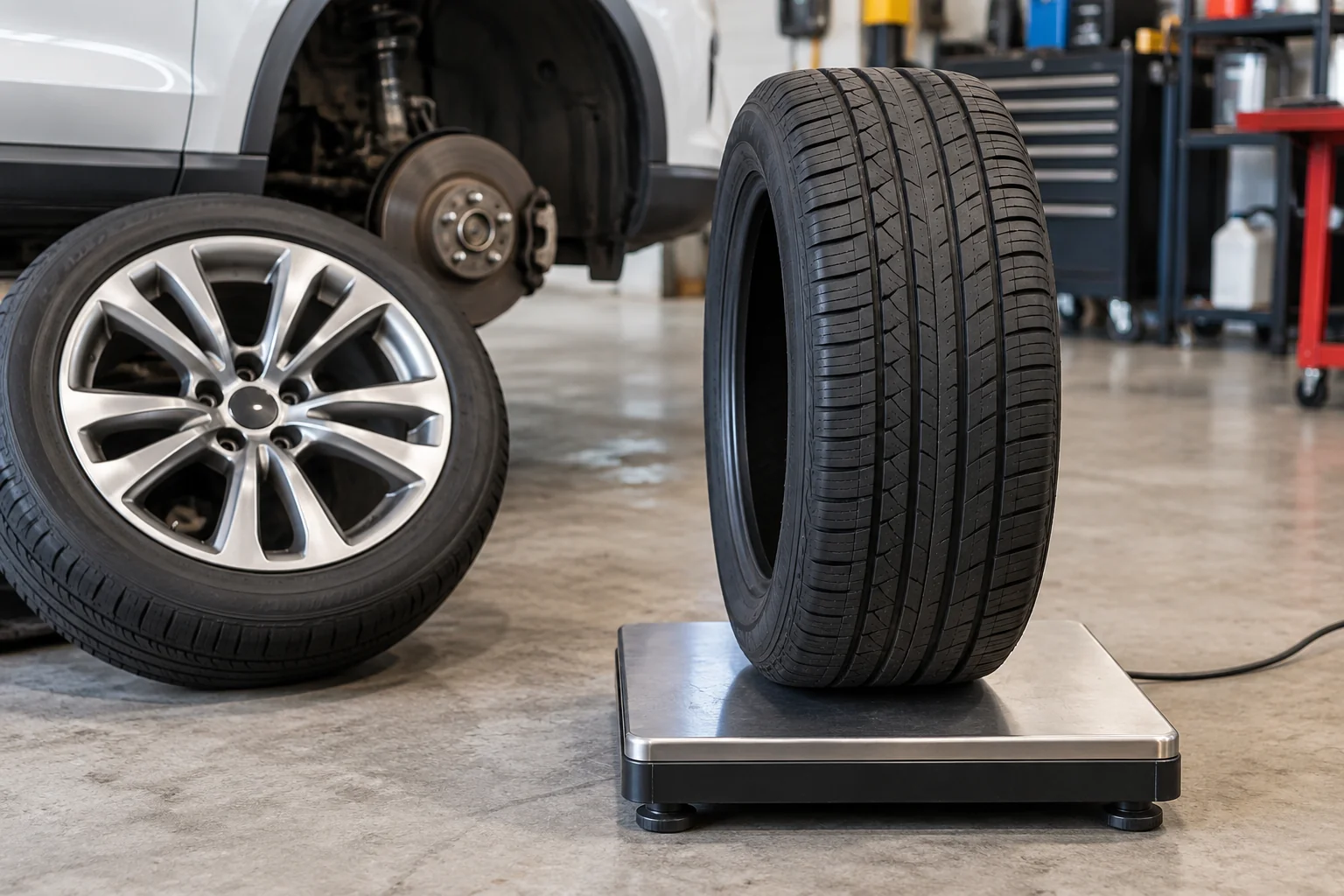 Car tire and wheel measured on a digital floor scale