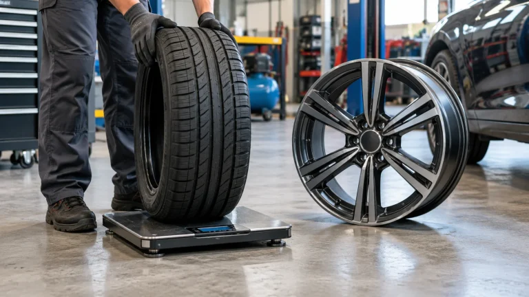 Car tire positioned on a workshop scale